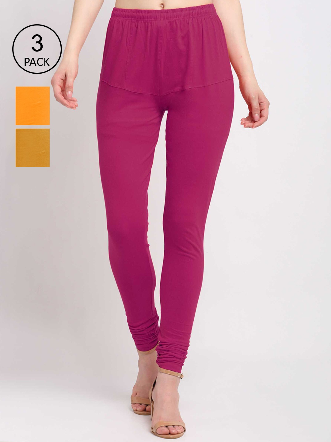 

KLOTTHE Women Pack Of 3 Solid Churidar-Length Cotton Leggings, Fuchsia