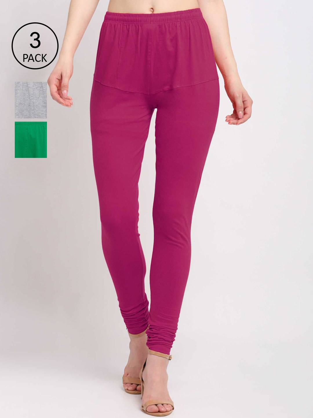 

KLOTTHE Women Pack Of 3 Solid Cotton Churidar-Length Leggings, Purple