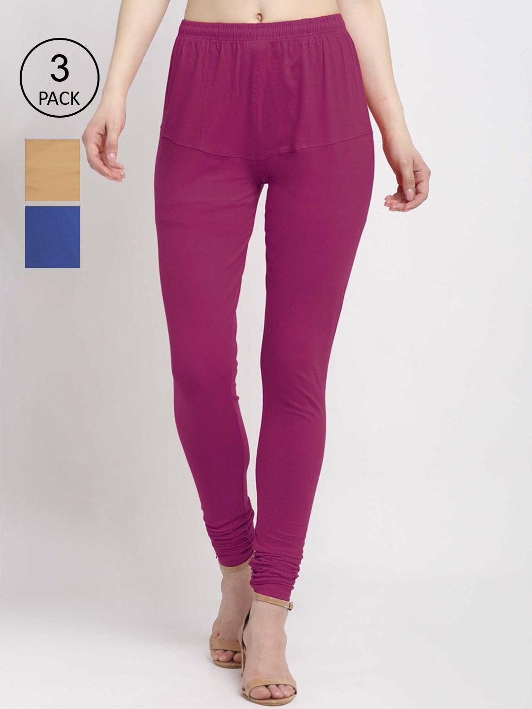 

KLOTTHE Women Pack Of 3 Solid Cotton Churidar-Length Leggings, Pink