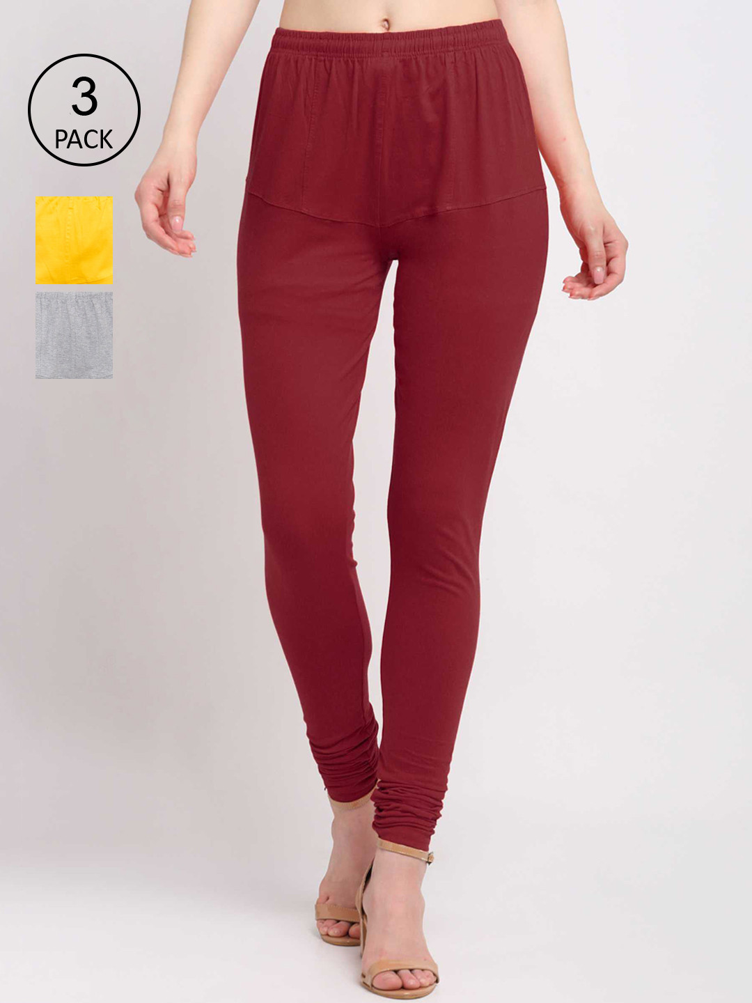 

KLOTTHE Women Pack Of 3 Solid Cotton Churidar-Length Leggings, Brown