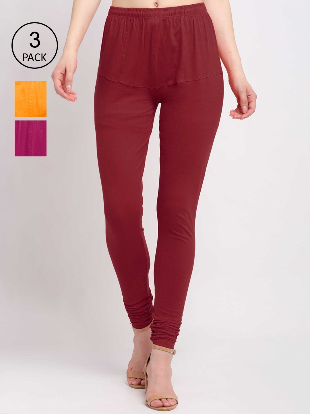 

KLOTTHE Women Pack Of 3 Solid Cotton Churidar-Length Leggings, Maroon