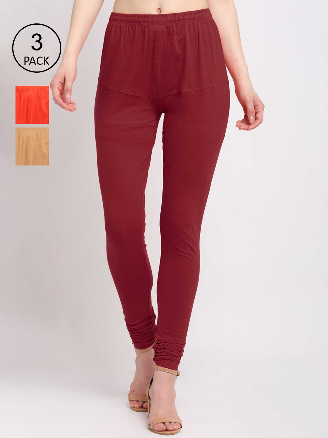 

KLOTTHE Women Pack Of 3 Solid Cotton Churidar-Length Leggings, Maroon
