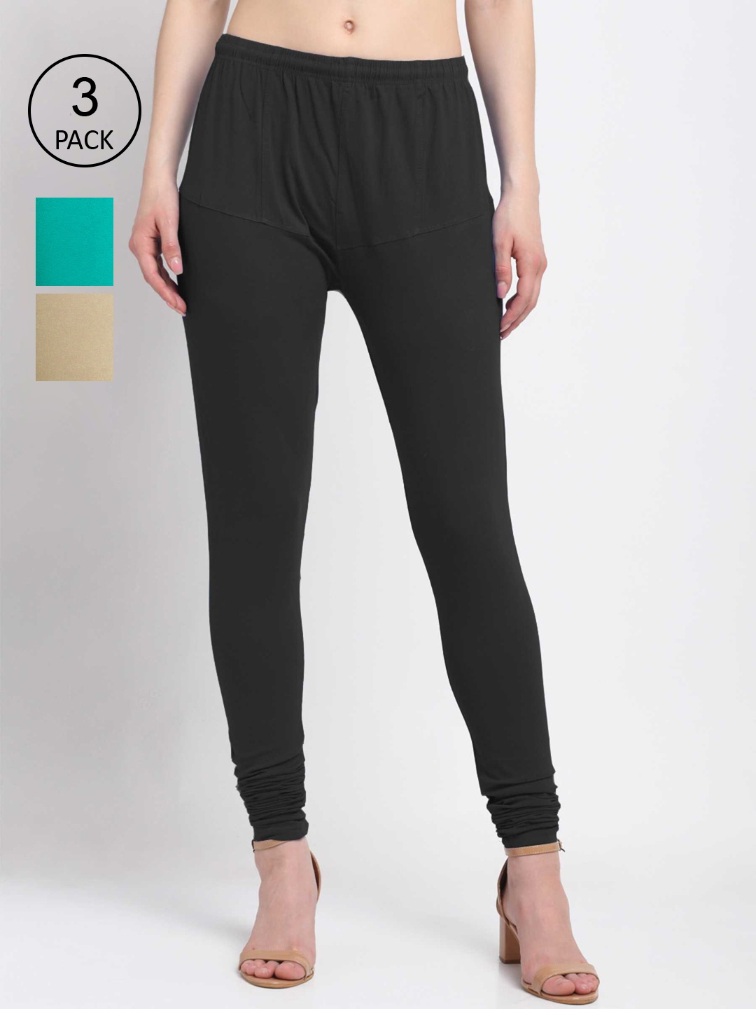 

KLOTTHE Women Pack Of 3 Solid Cotton Churidar-Length Leggings, Black