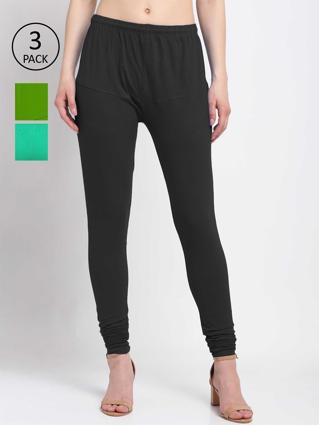

KLOTTHE Women Pack Of 3 Solid Cotton Churidar-Length Leggings, Black