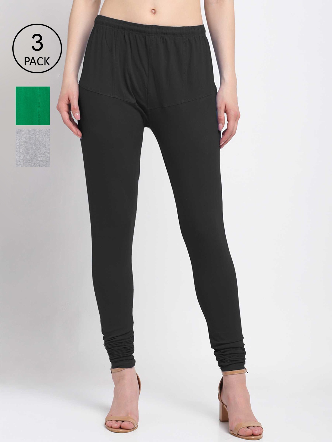 

KLOTTHE Women Pack Of 3 Solid Churidar-Length Cotton Leggings, Black