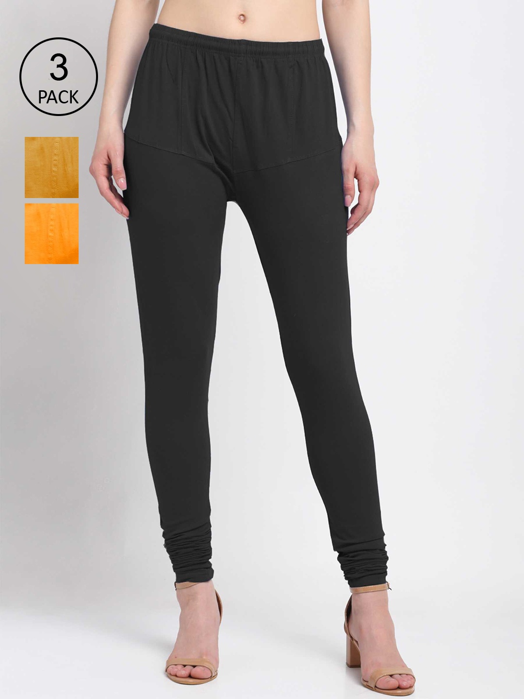

KLOTTHE Women Pack Of 3 Solid Cotton Churidar-Length Leggings, Black