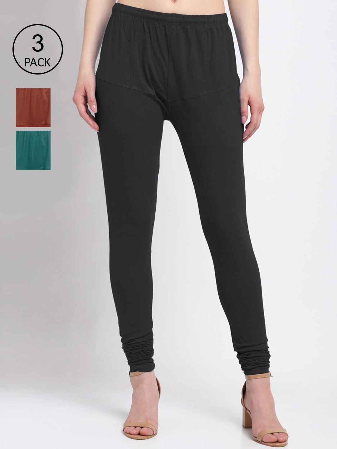 

KLOTTHE Women Pack Of 3 Solid Cotton Churidar-Length Leggings, Black