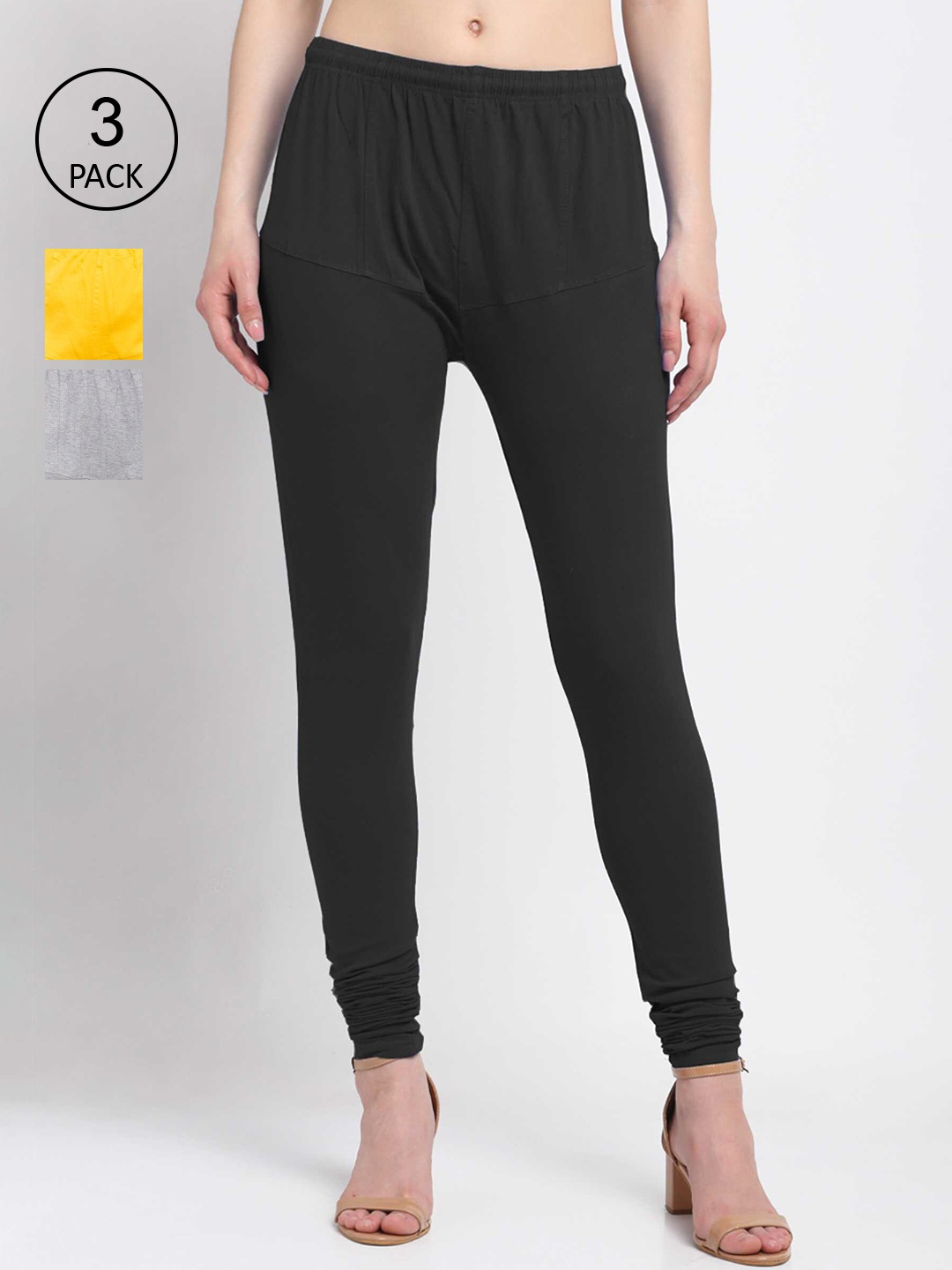 

KLOTTHE Women Pack Of 3 Solid Cotton Churidar-Length Leggings, Black