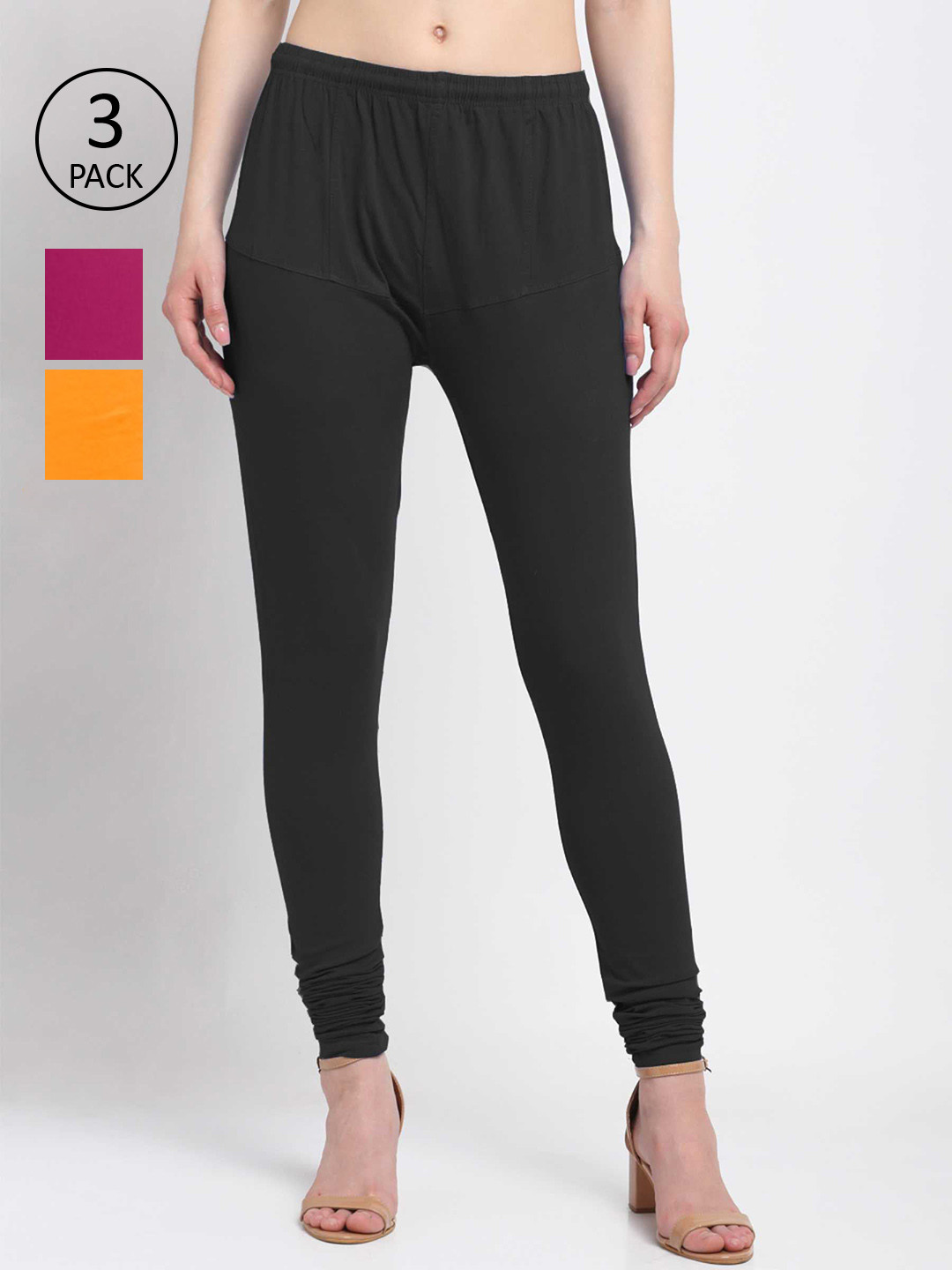 

KLOTTHE Women Pack Of 3 Solid Cotton Churidar-Length Leggings, Black