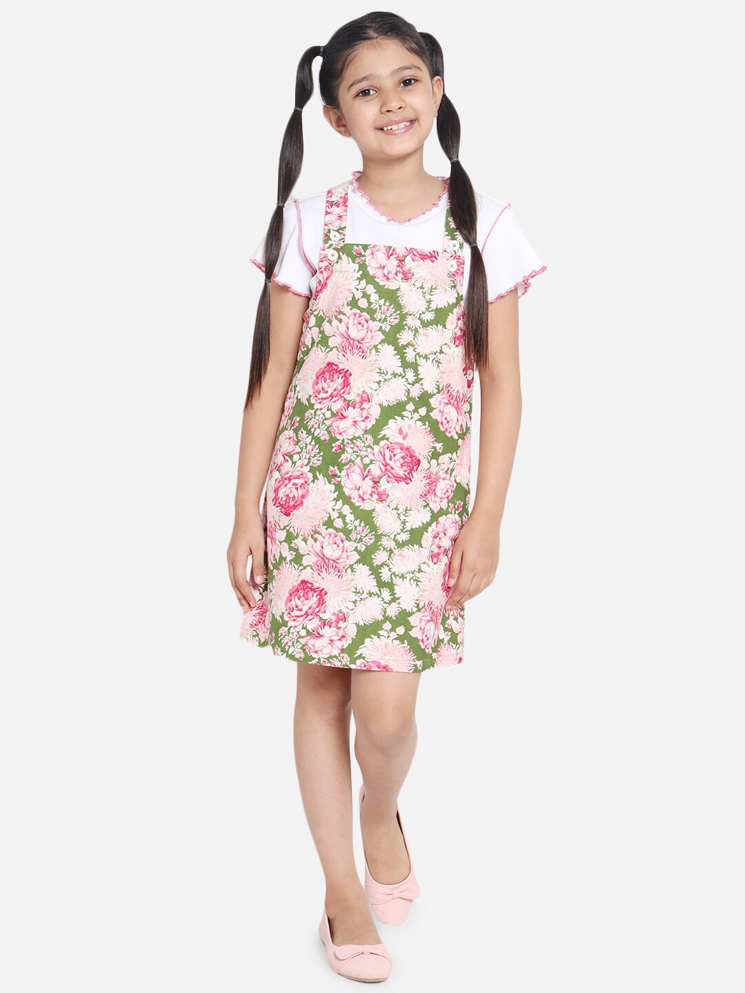 

Natilene Girls Pink & Green Printed Pure Cotton Top with Skirt
