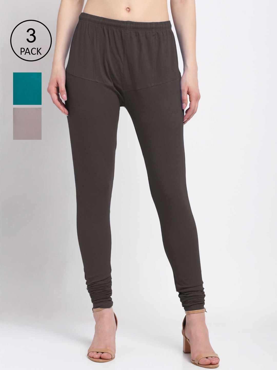 

KLOTTHE Women Pack Of 3 Solid Cotton Churidar-Length Leggings, Grey