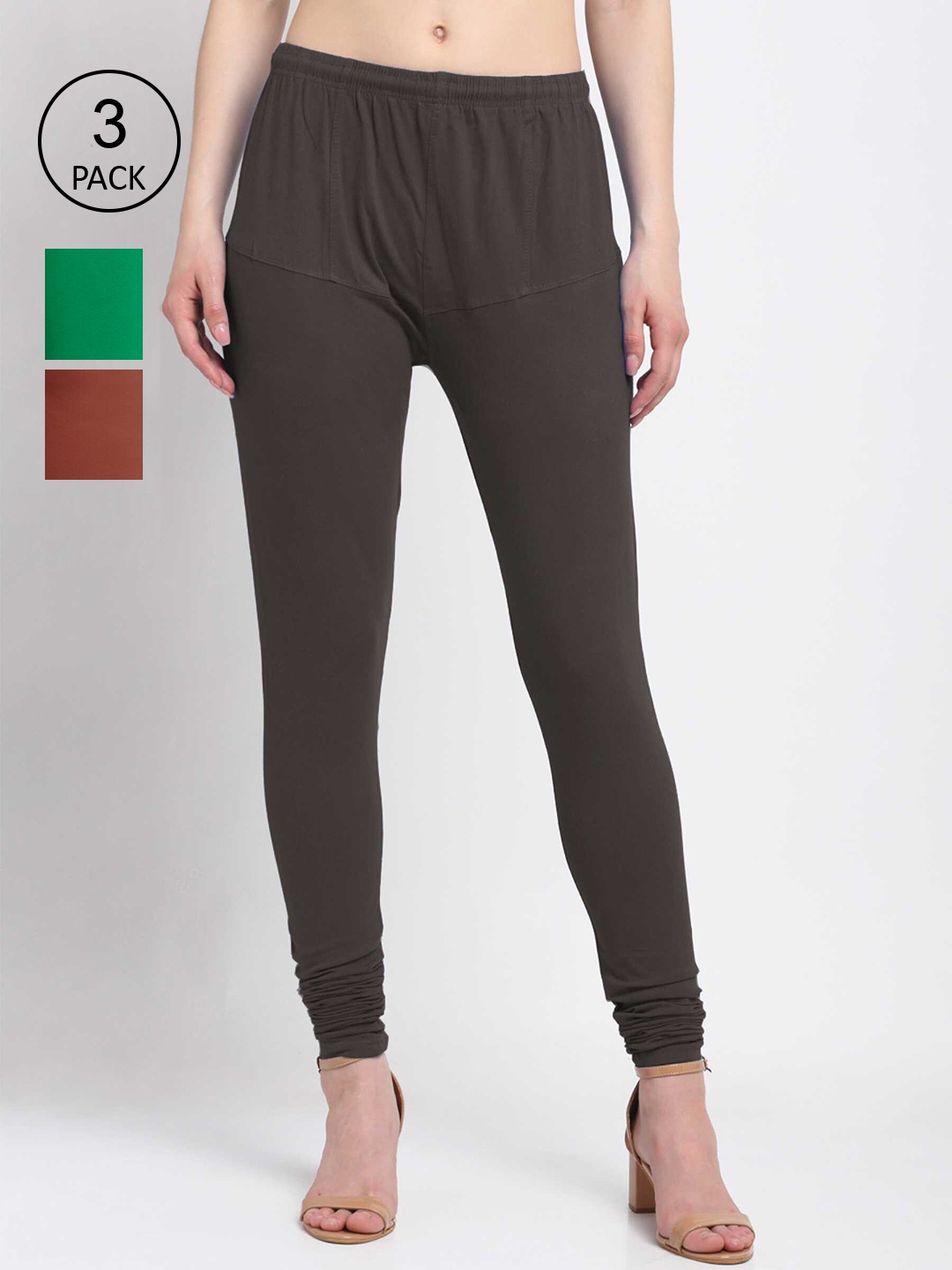 

KLOTTHE Women Pack of 3 Brown & Rust Solid Cotton Churidar-Length Leggings