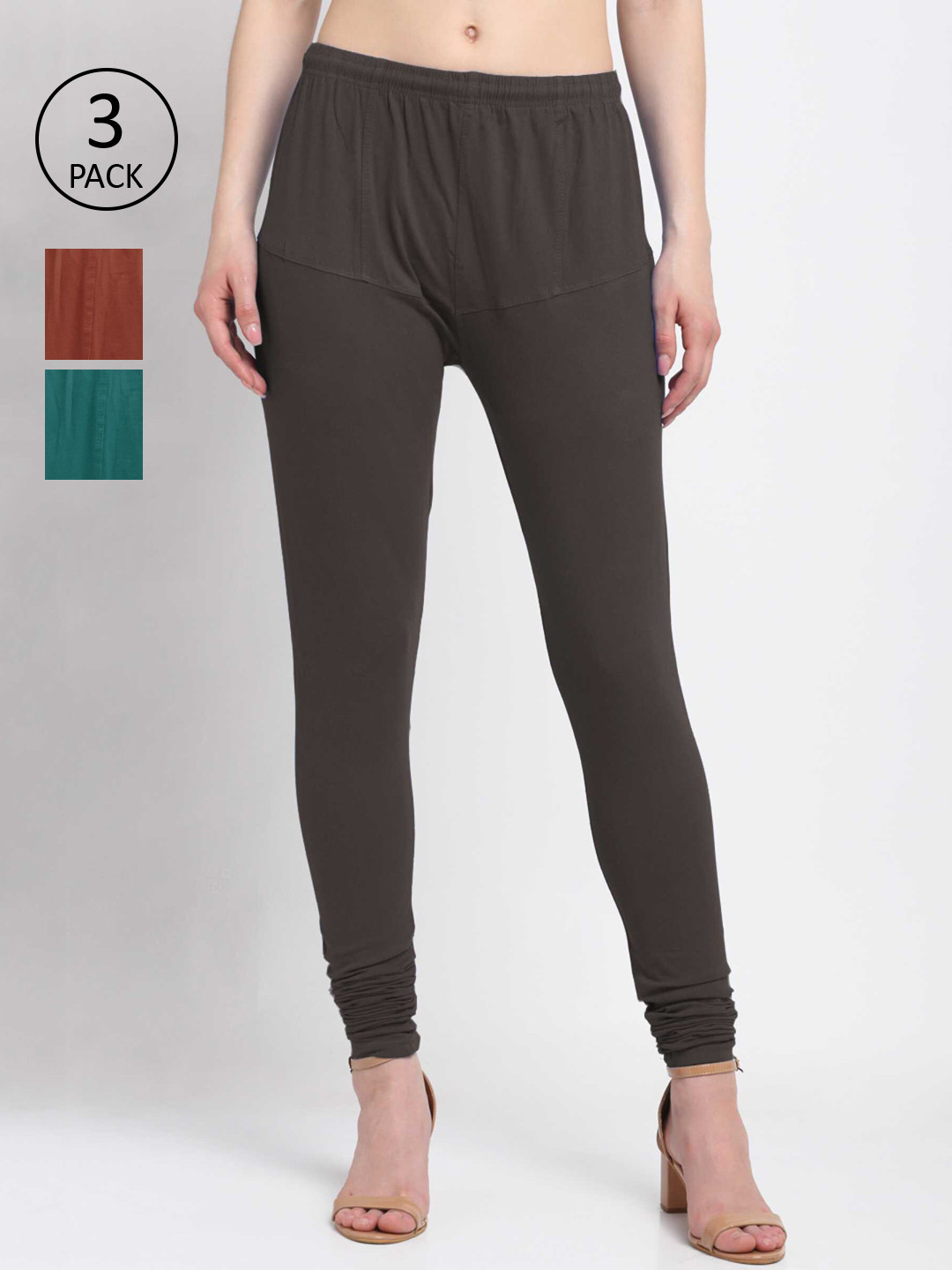 

KLOTTHE Women Pack Of 3 Solid Cotton Churidar-Length Leggings, Brown