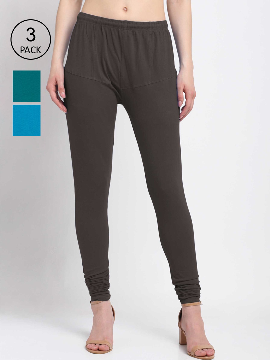 

KLOTTHE Women Pack Of 3 Solid Cotton Churidar-Length Leggings, Coffee brown