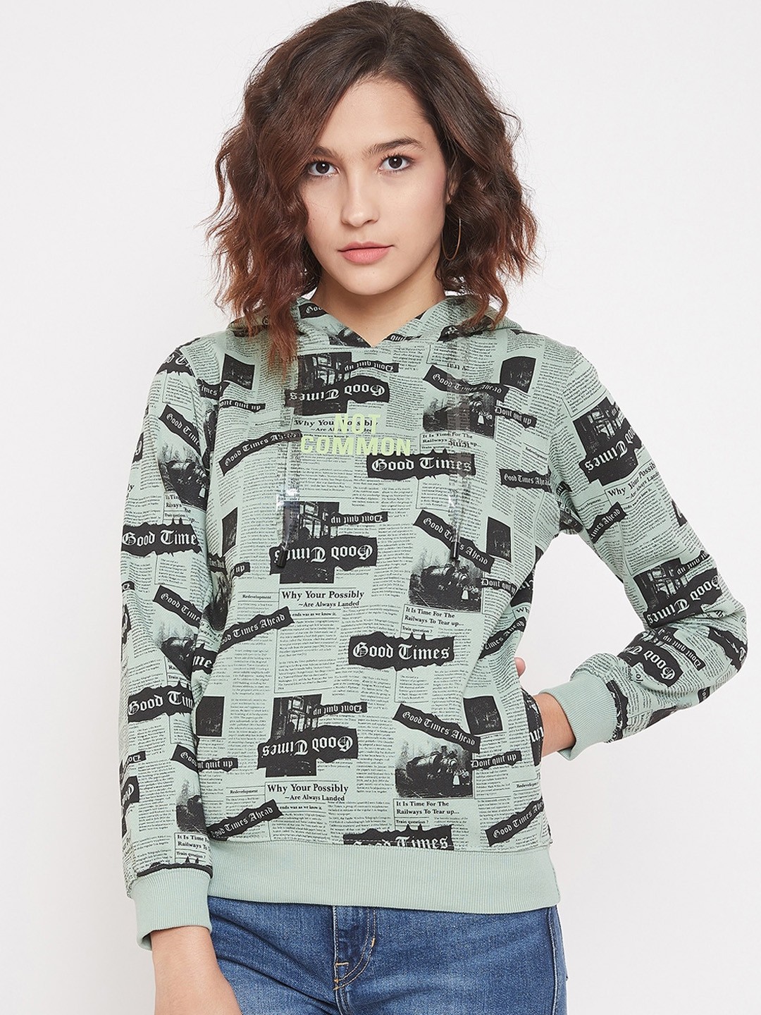 

Madame Women Green Printed Hooded Sweatshirt