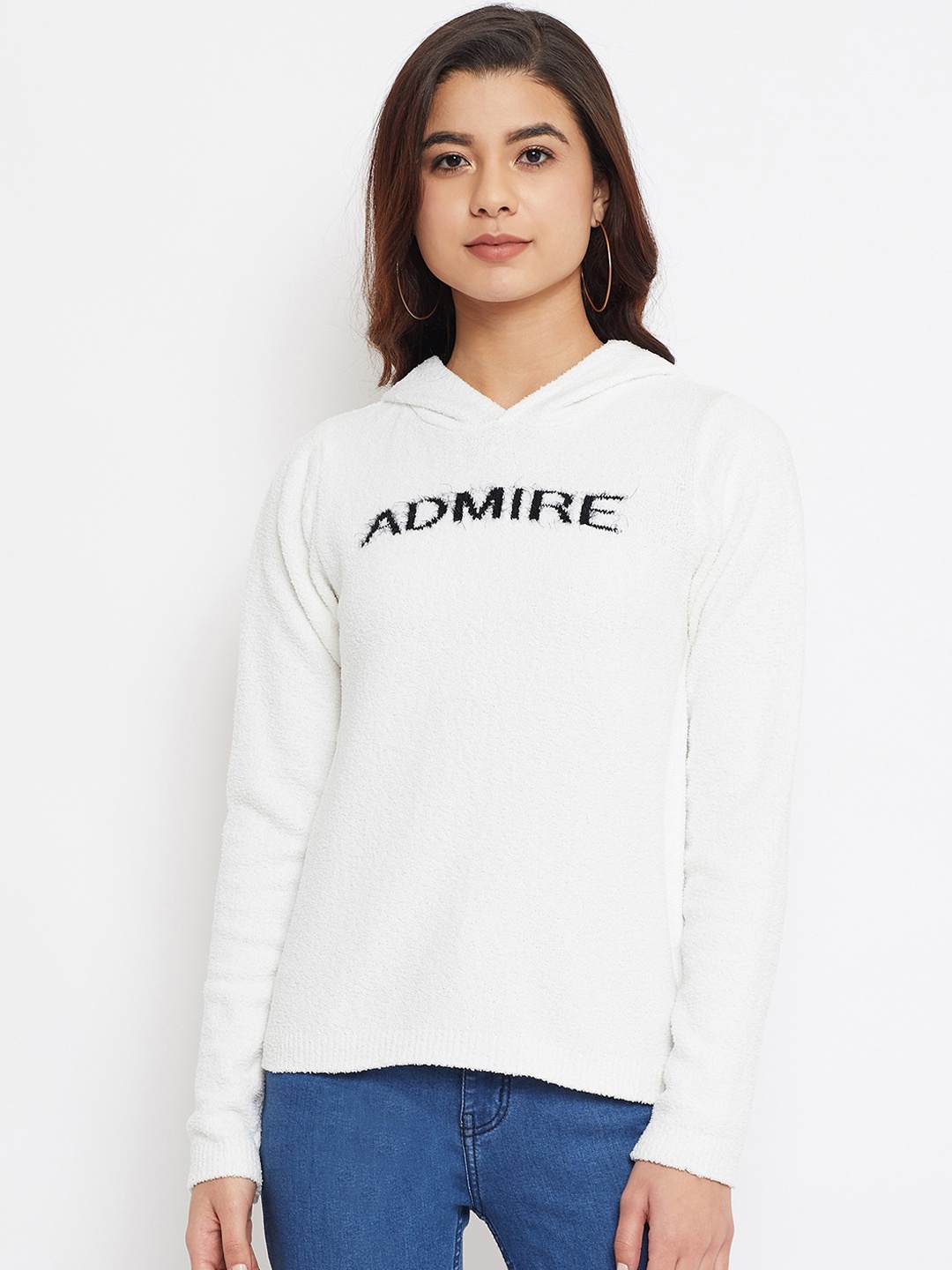 

Madame Women White Printed Woolen Hooded Sweatshirt
