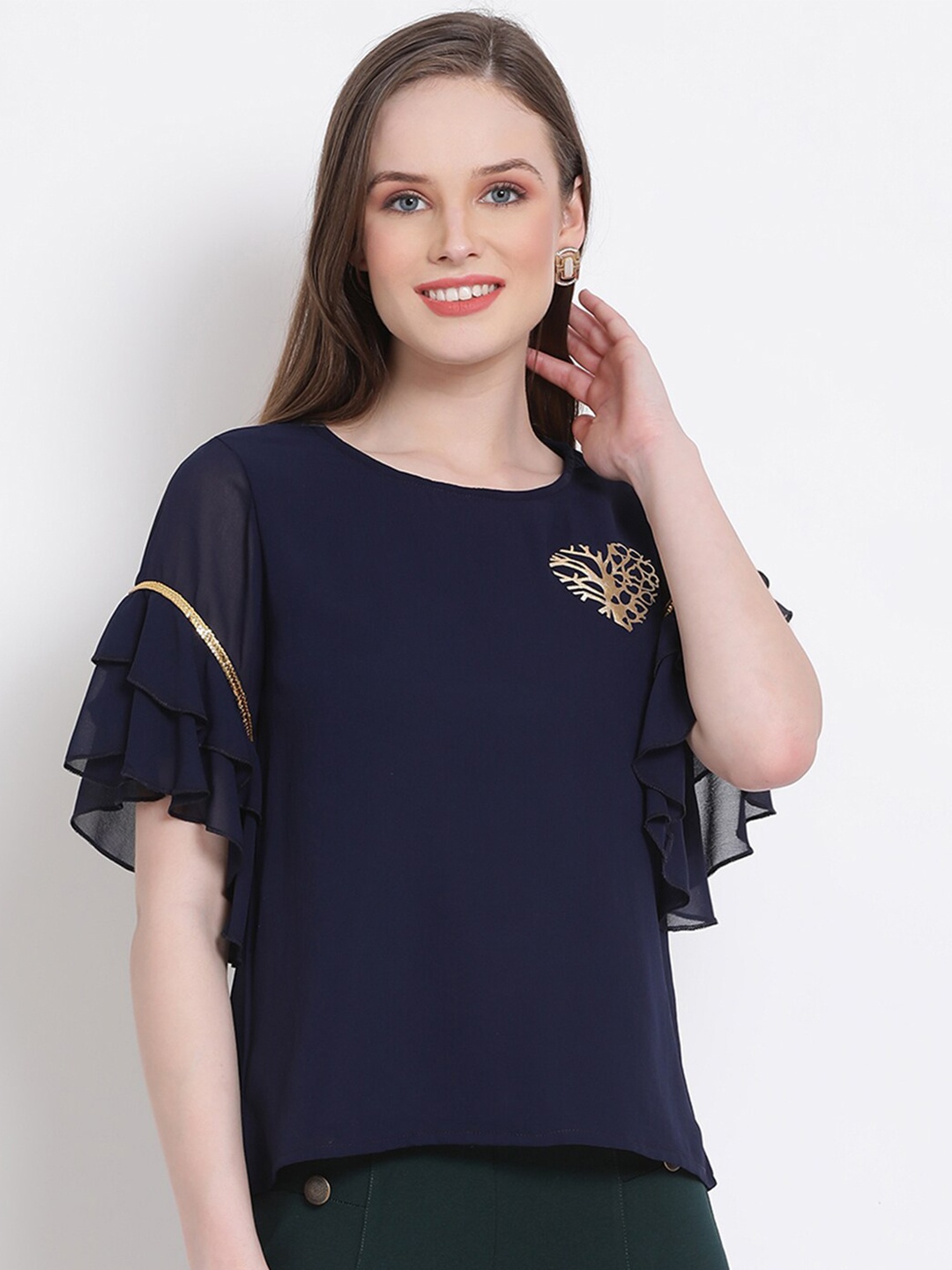 

DRAAX Fashions Navy Blue Georgette Regular Top