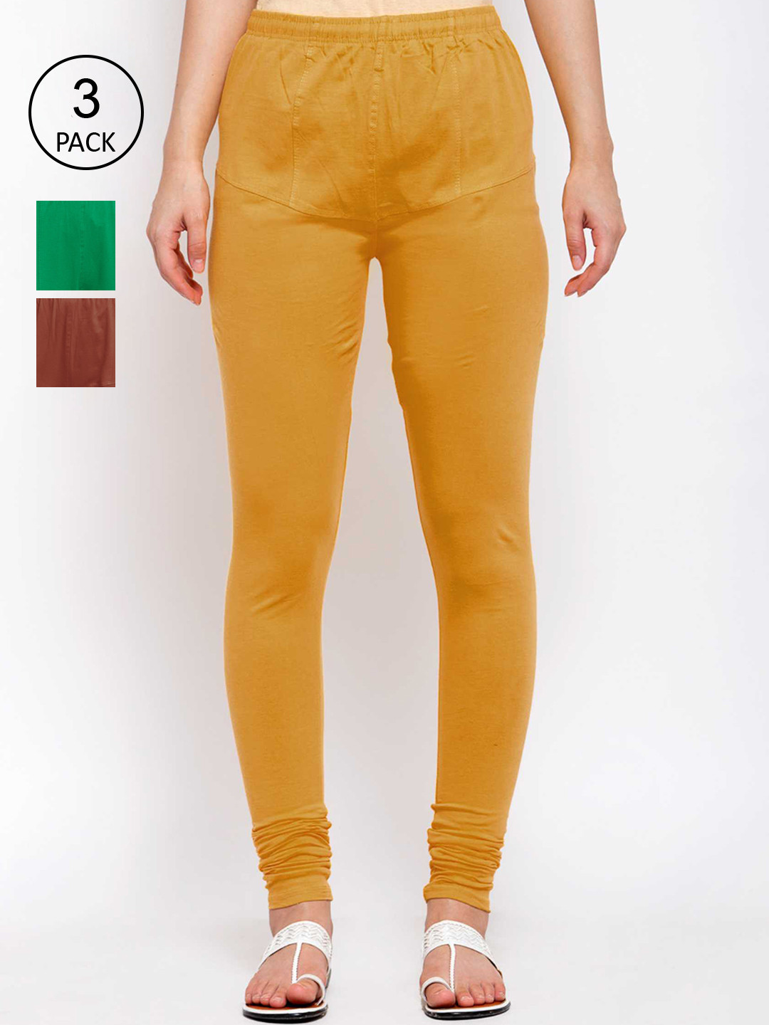 

KLOTTHE Women Pack Of 3 Solid Cotton Churidar-Length Leggings, Yellow
