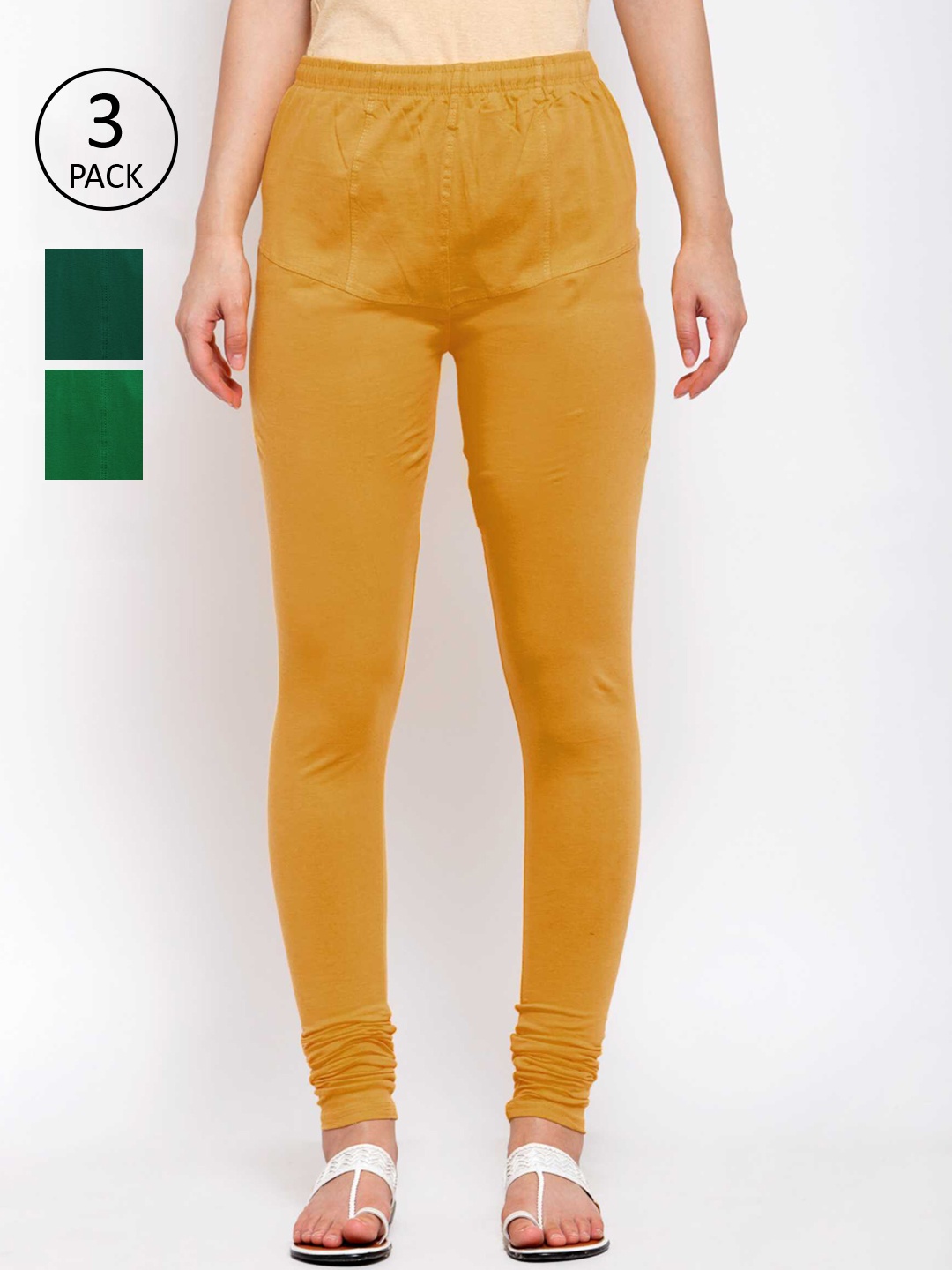 

KLOTTHE Women Pack Of 3 Solid Cotton Churidar-Length Leggings, Yellow