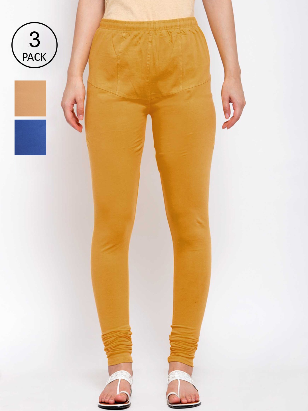 

KLOTTHE Women Pack Of 3 Solid Churidar-Length Cotton Leggings, Mustard