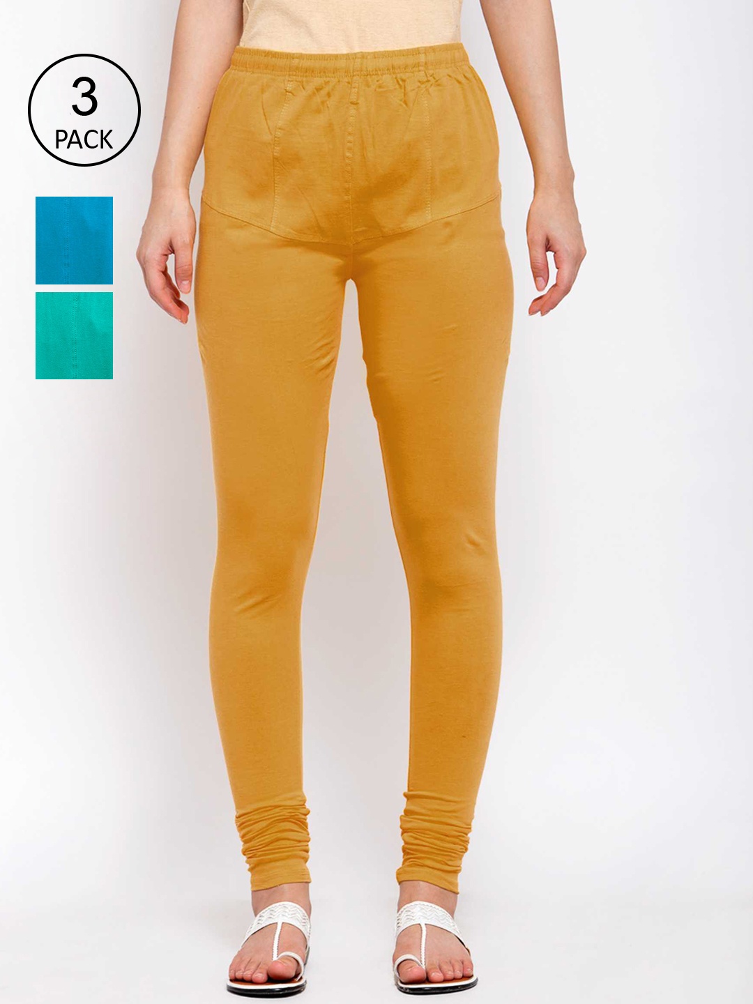 

KLOTTHE Women Pack Of 3 Solid Cotton Churidar-Length Leggings, Yellow