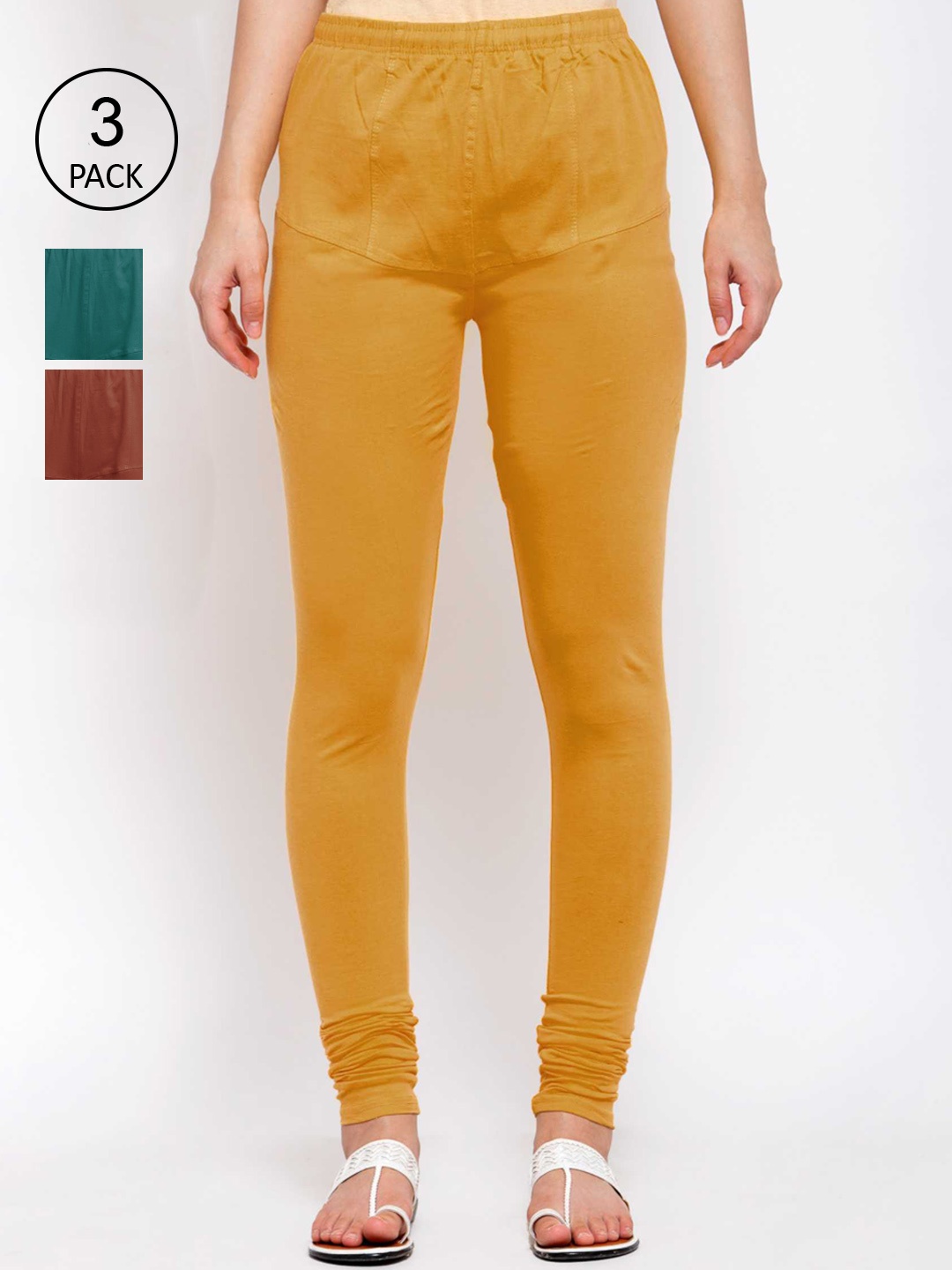

KLOTTHE Women Pack Of 3 Solid Cotton Churidar-Length Leggings, Brown