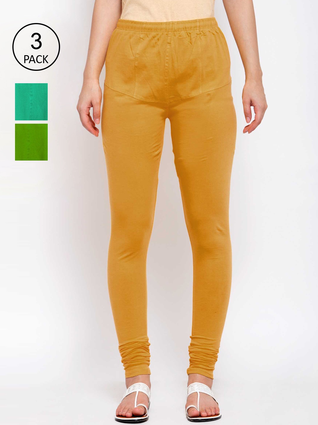KLOTTHE Women Pack Of 3 Solid Cotton Churidar-Length Leggings, Mustard