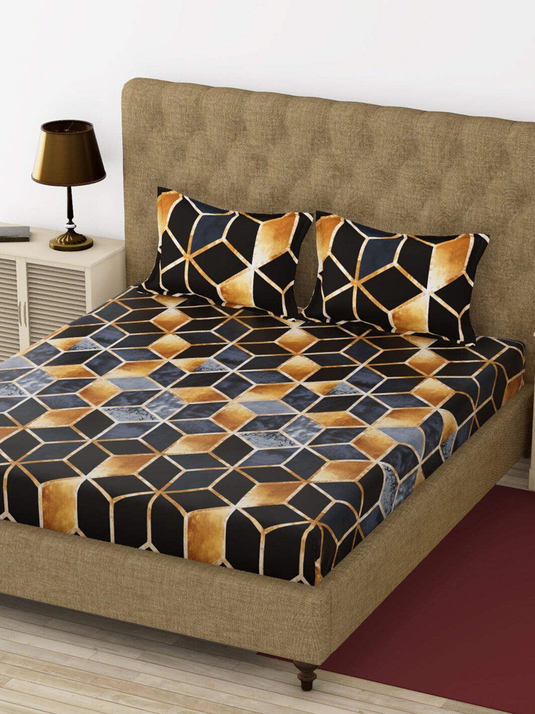 

BIANCA Grey & Yellow Geometric 200 TC King Bedsheet with 2 Pillow Covers