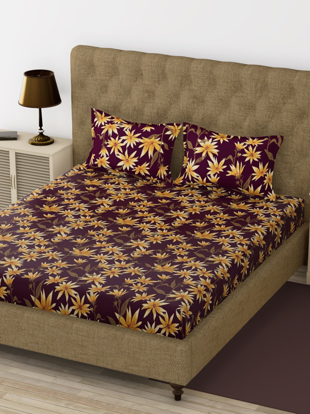 

BIANCA Maroon & Yellow Floral Printed 200 TC King Bedsheet with 2 Pillow Covers