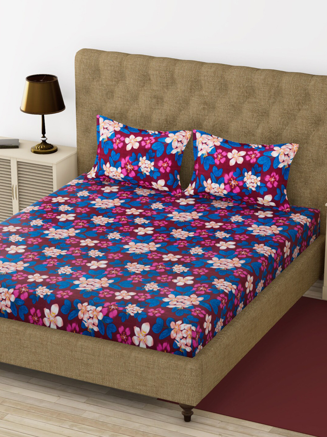 

BIANCA Burgundy & Multicoloured Floral Printed 200 TC King Bedsheet With 2 Pillow Covers