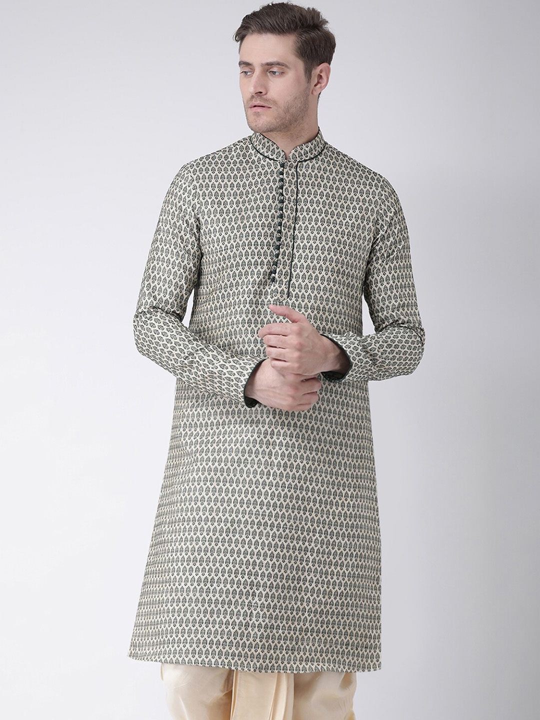 

Chitwan Mohan Men Green & Cream Ethnic Motifs Woven Design Regular Kurta With Dhoti Pants