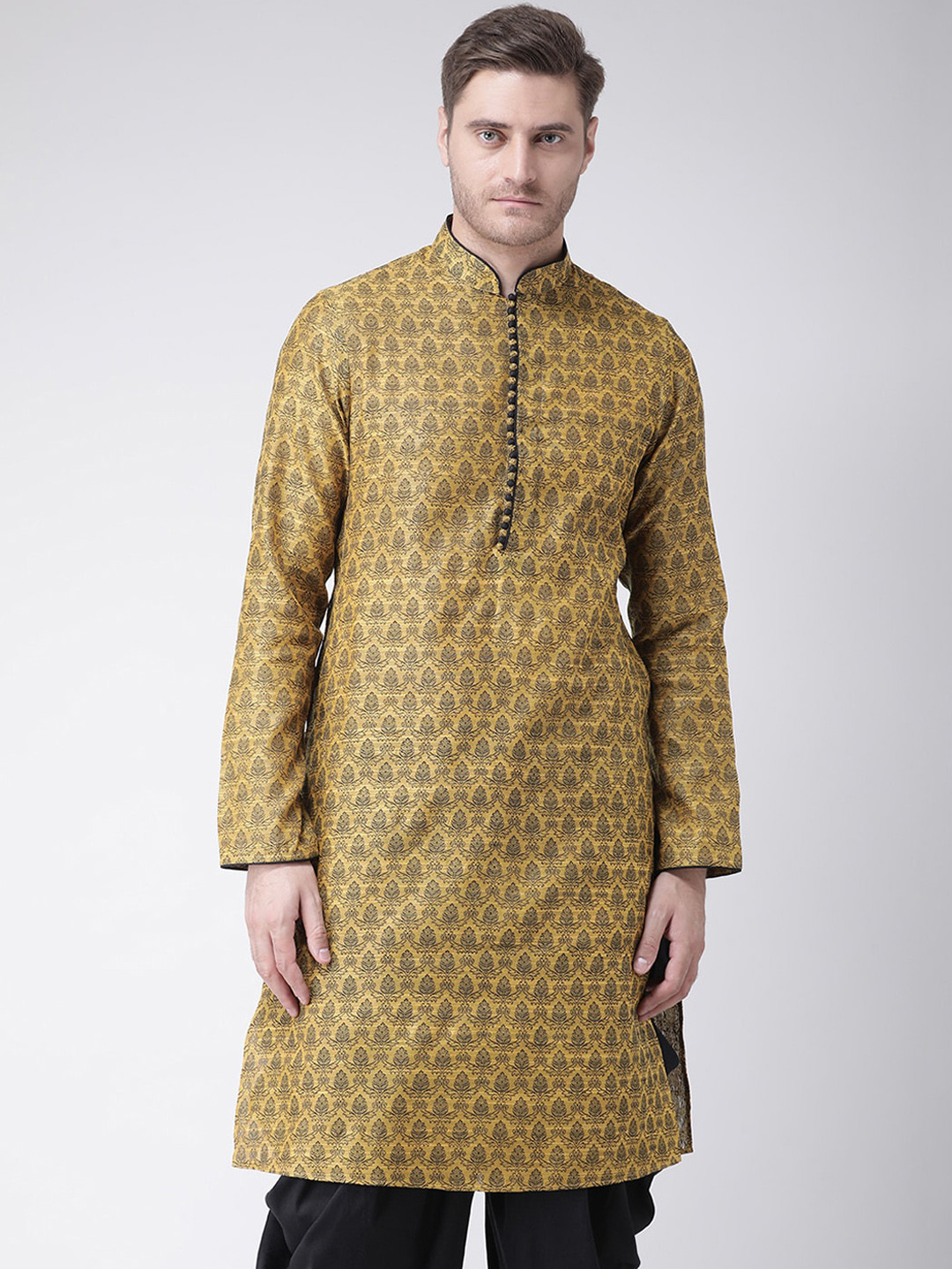 

Chitwan Mohan Men Mustard & Black Ethnic Motifs Regular Kurta with Dhoti Pants