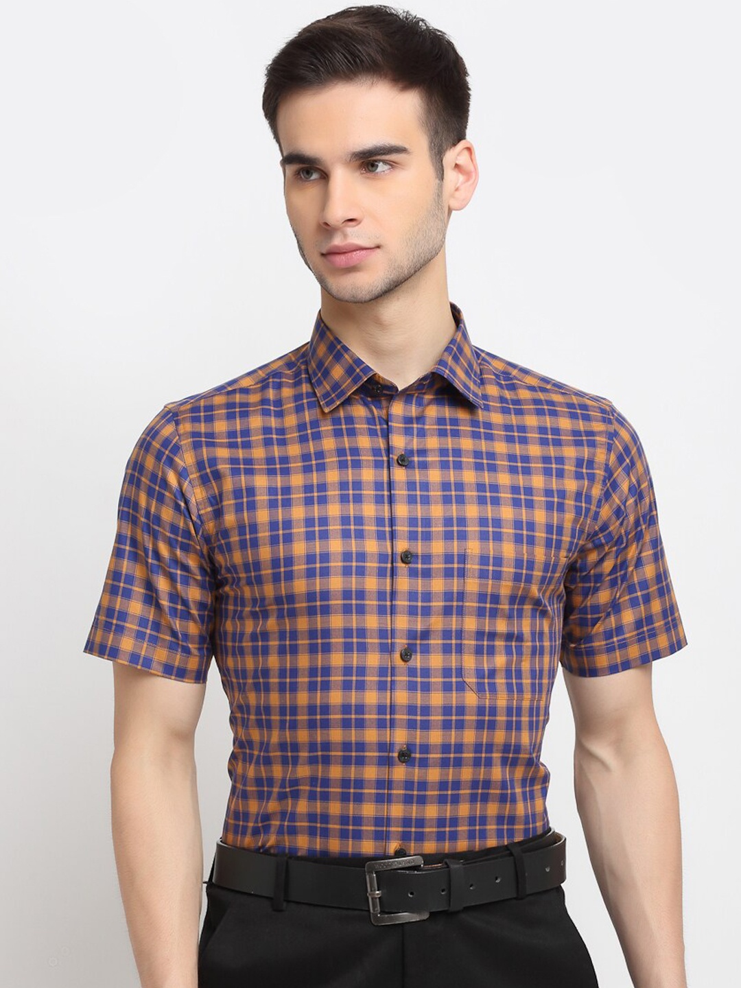 

FINNOY Men Blue Tartan Checked Giza Cotton Casual Shirt