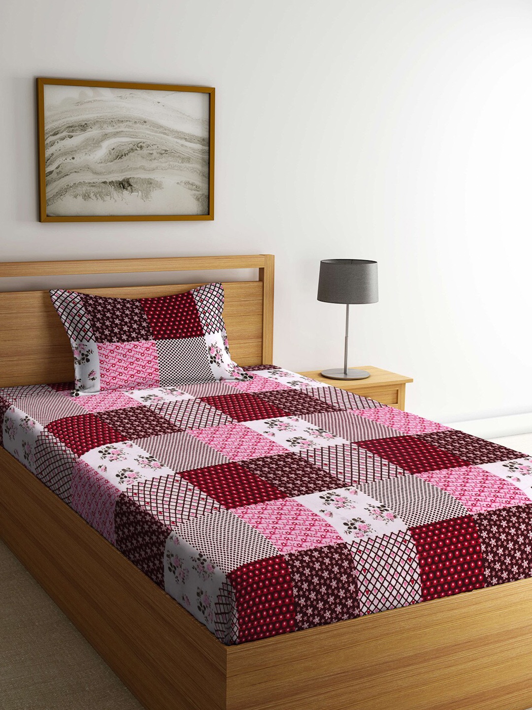 

Arrabi Maroon & Pink Geometric 300 TC Single Bedsheet with 1 Pillow Covers