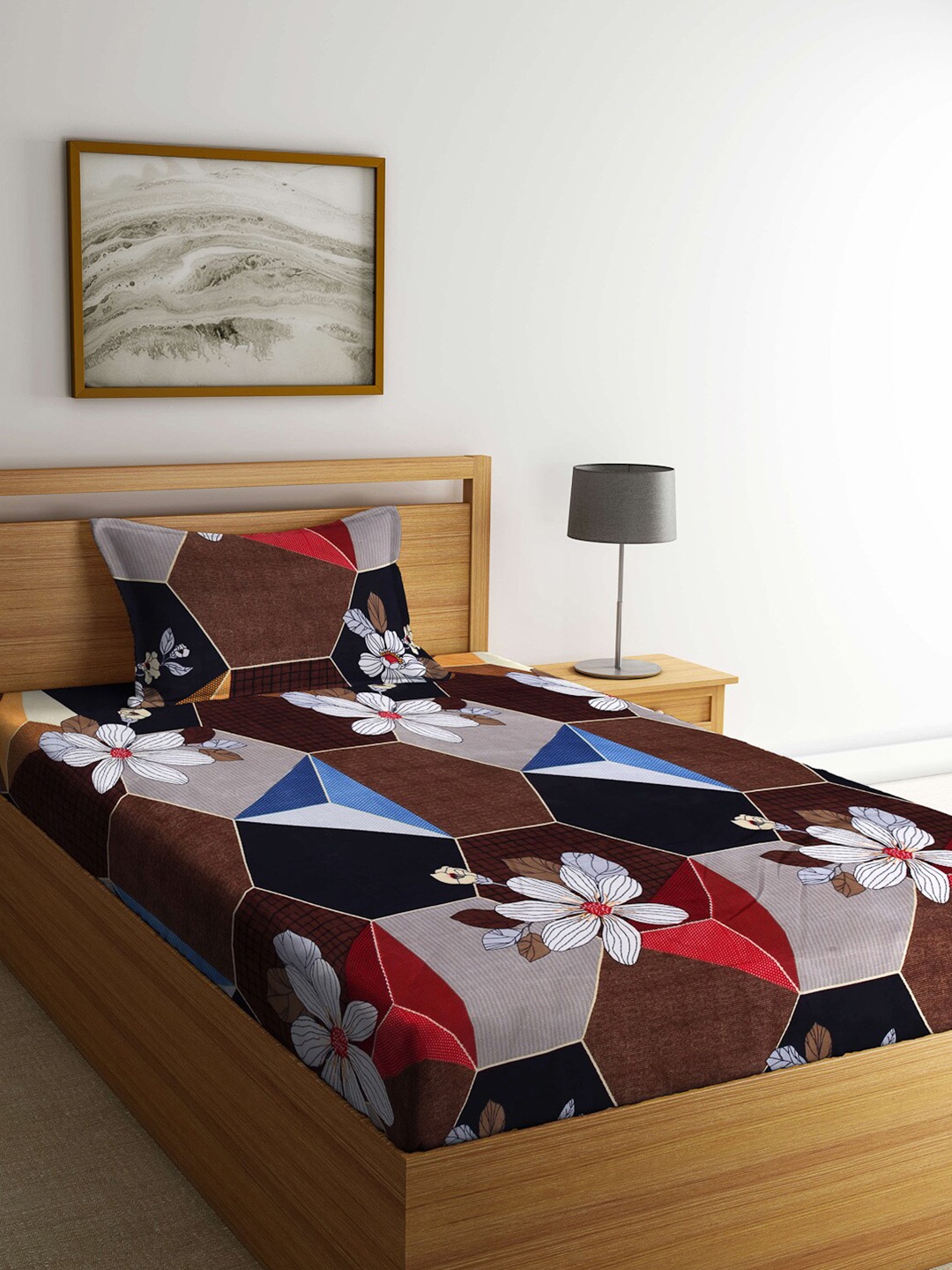 

Arrabi Brown & Red Floral 300 TC Single Bedsheet with 1 Pillow Covers