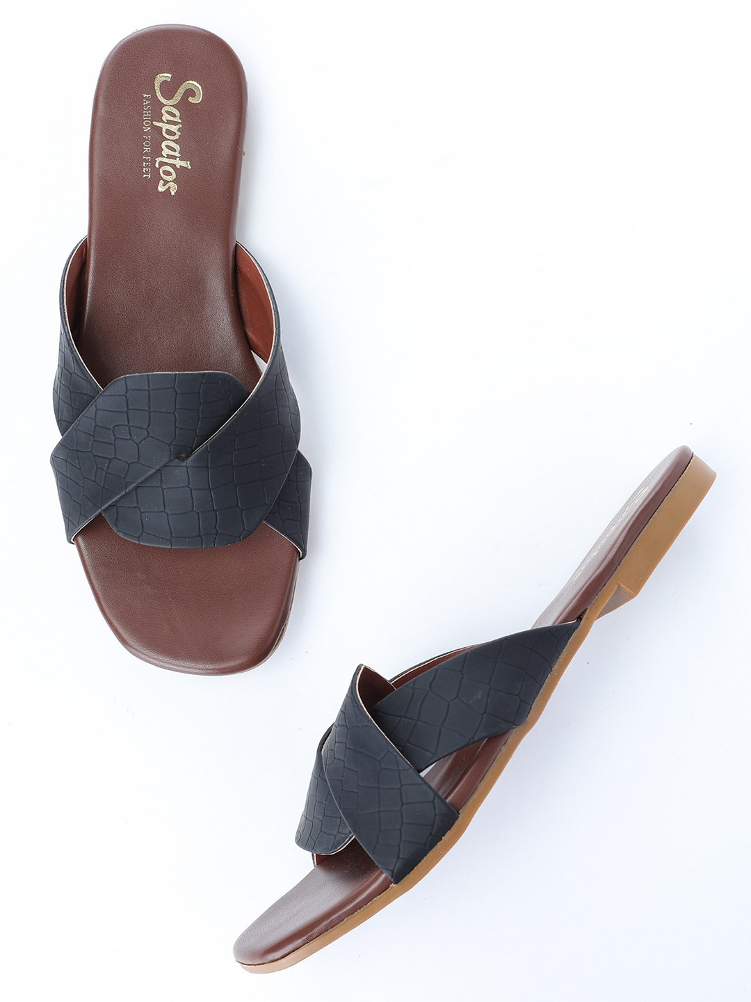 

SAPATOS Women Black Textured Open Toe Flats