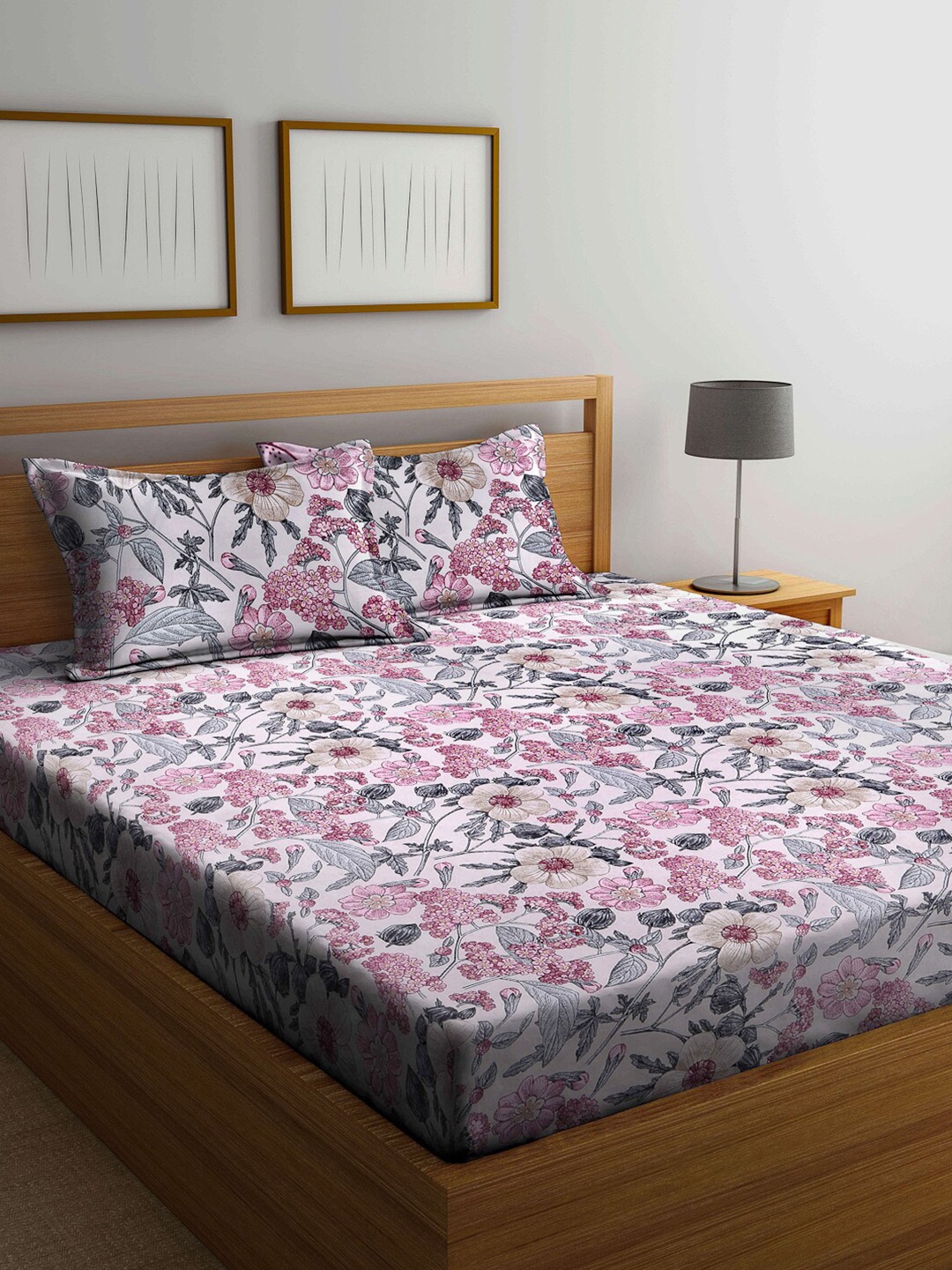 Arrabi Magenta & Grey Floral 300 TC Super King Bedsheet with 2 Pillow Covers