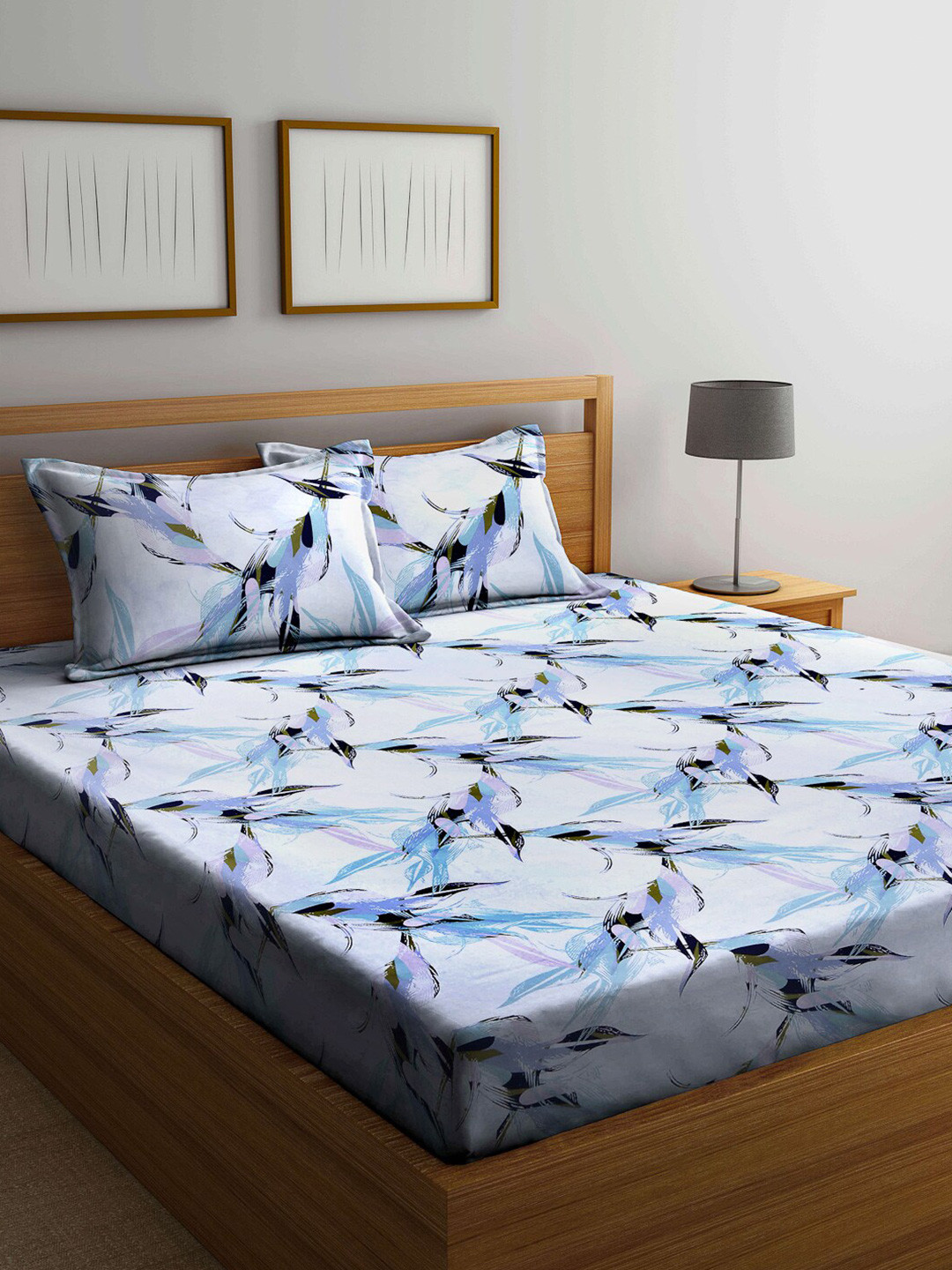

Arrabi Turquoise Blue & Black Floral 300 TC King Cotton Bedsheet with 2 Pillow Covers