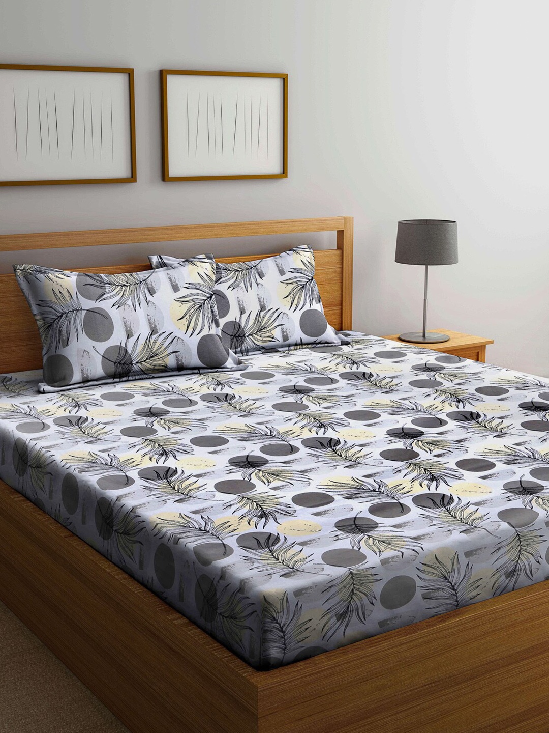 

Arrabi Grey & Beige Floral 300 TC King Cotton Bedsheet with 2 Pillow Covers