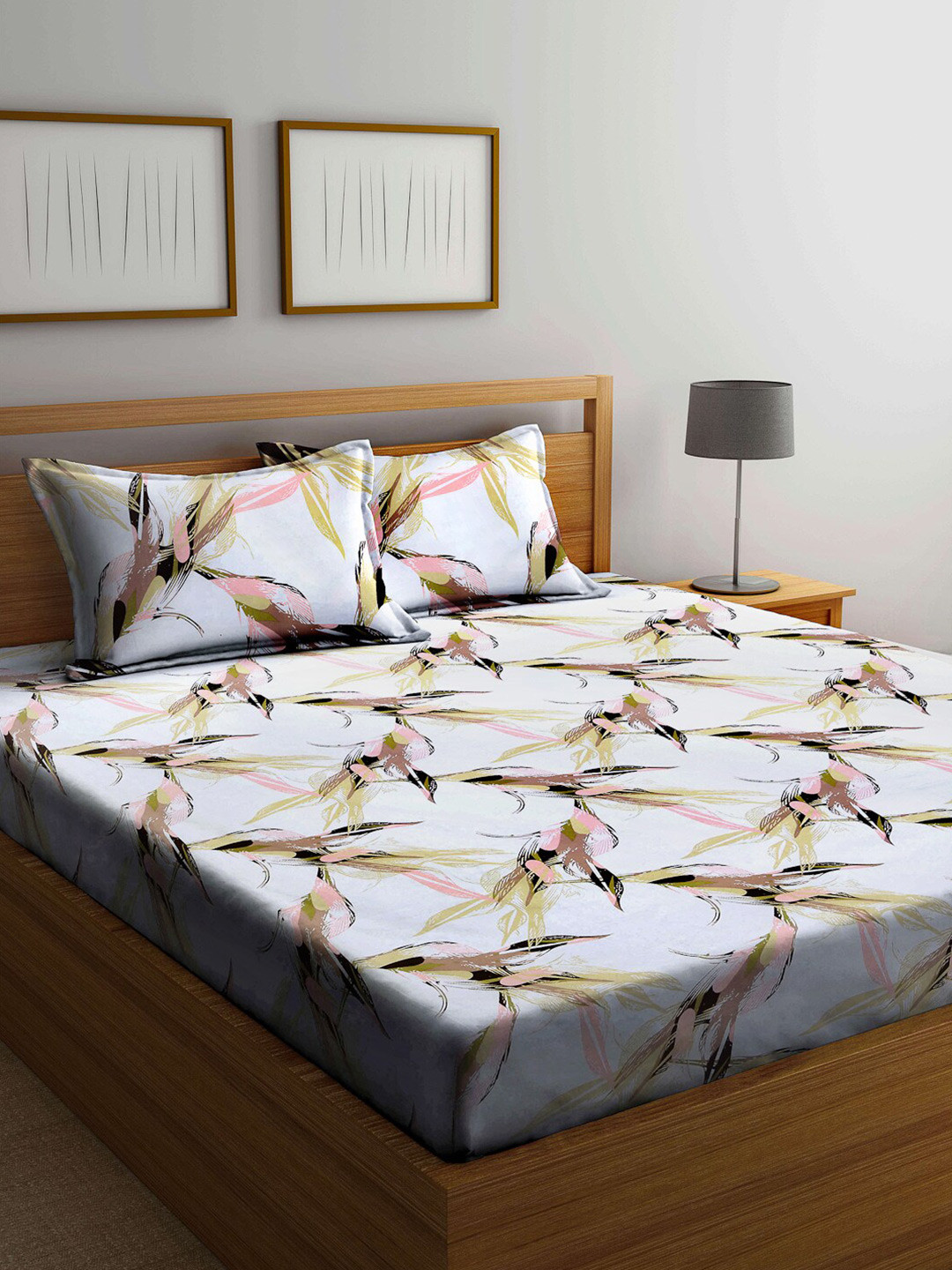

Arrabi Blue & Beige Floral 300 TC King Cotton Bedsheet with 2 Pillow Covers
