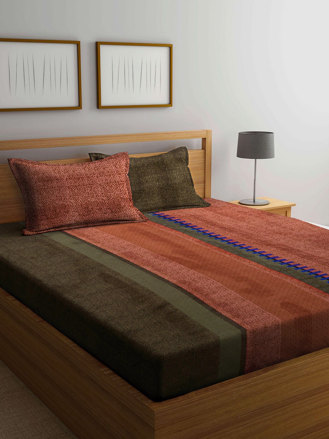 

Arrabi Green & Rust Striped 300 TC King Bedsheet with 2 Pillow Covers