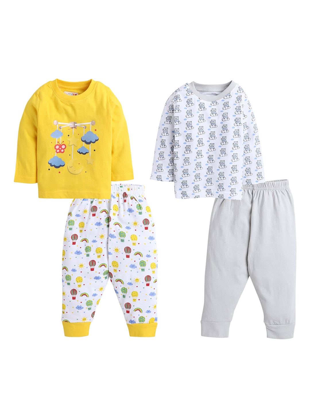 

BUMZEE Boys Pack Of 2 Grey & Yellow Printed Pure Cotton Night suit