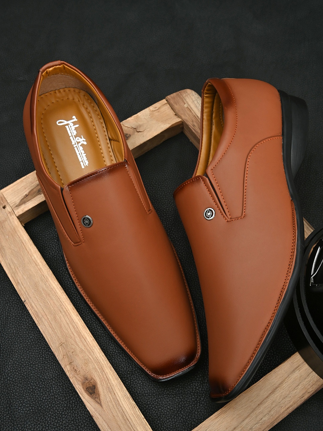 

John Karsun Men Tan Brown Solid Formal Slip-On