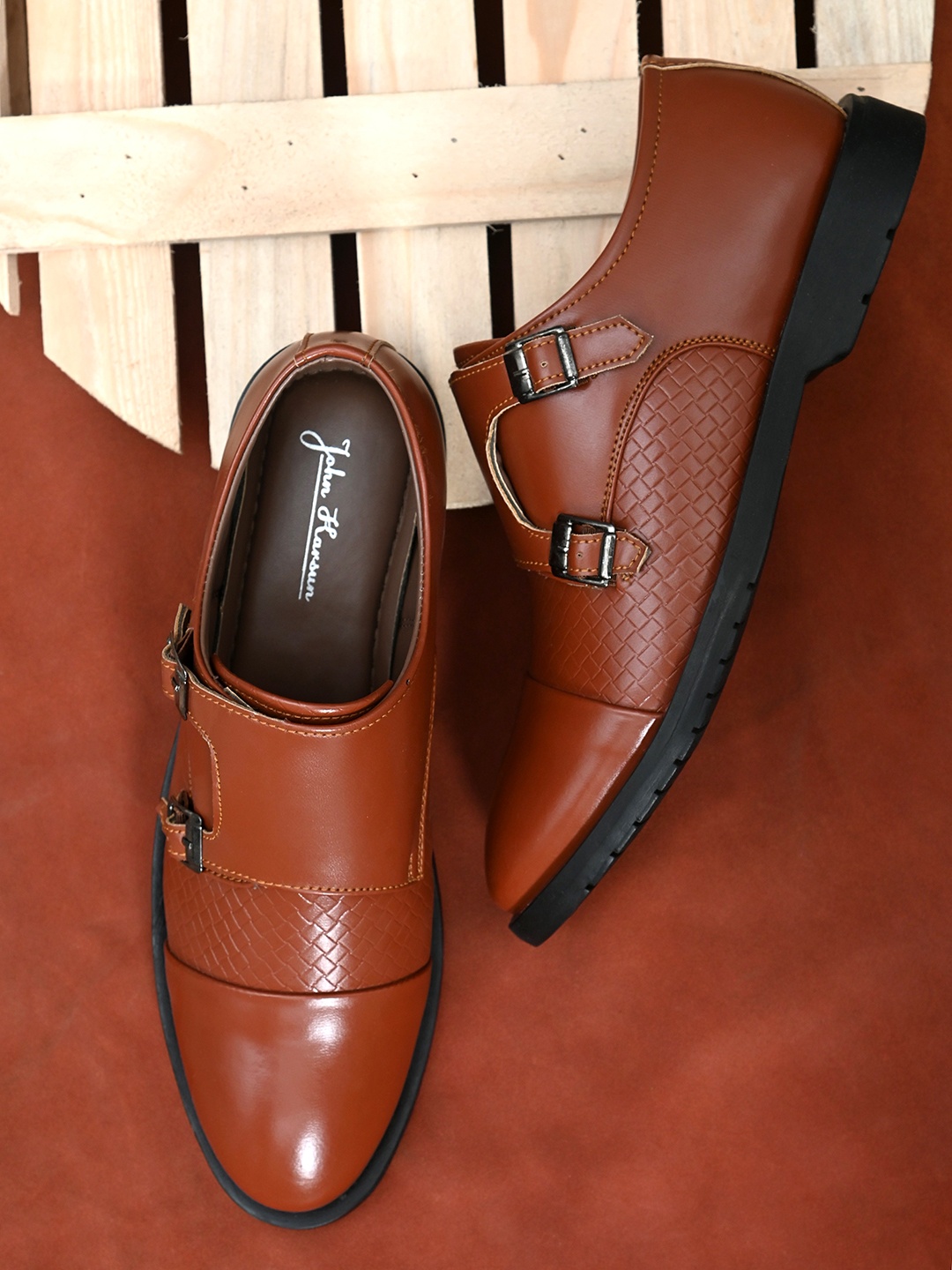 

John Karsun Men Tan Brown Solid Formal Monk Shoes