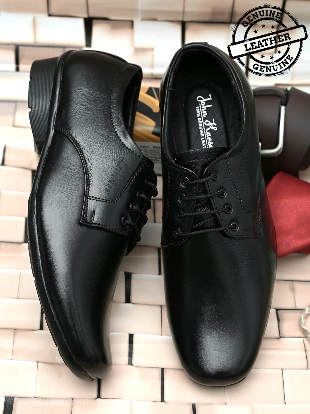 

John Karsun Men Black Solid Leather Formal Derbys