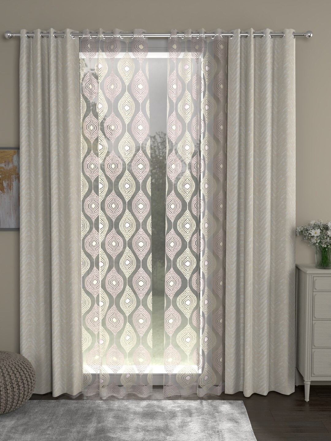 

ROSARA HOME Cream-Coloured & Grey Set of 4 Ethnic Motifs Door Curtain