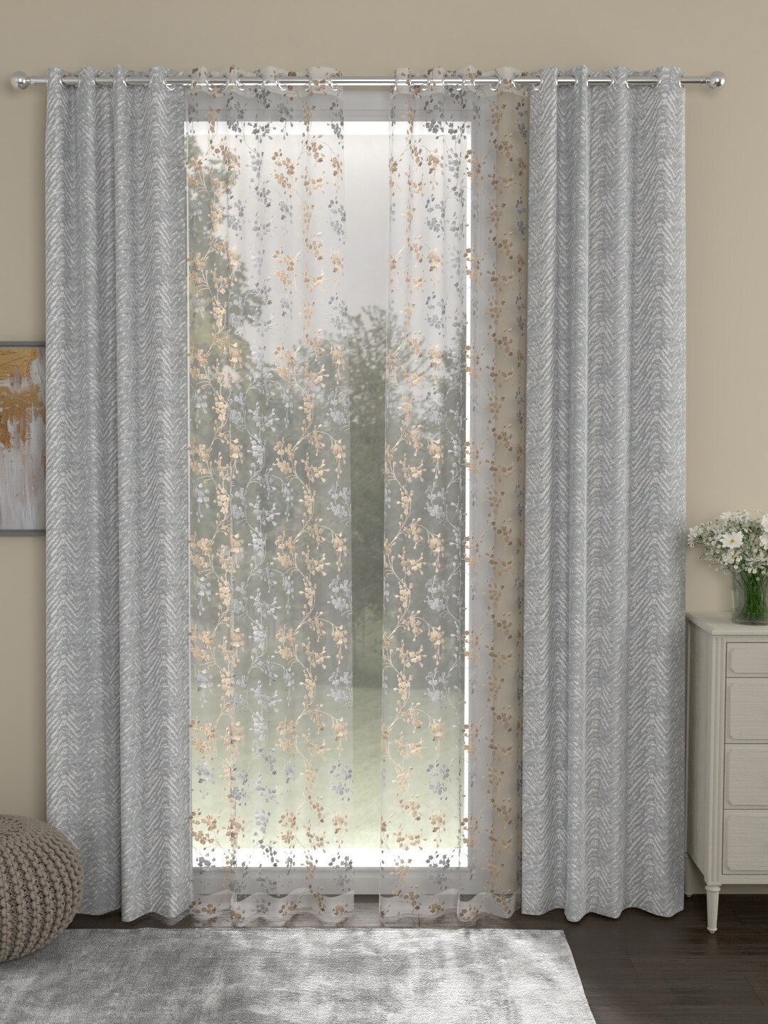 

ROSARA HOME Grey & Peach-Coloured Set of 4 Floral Door Curtain