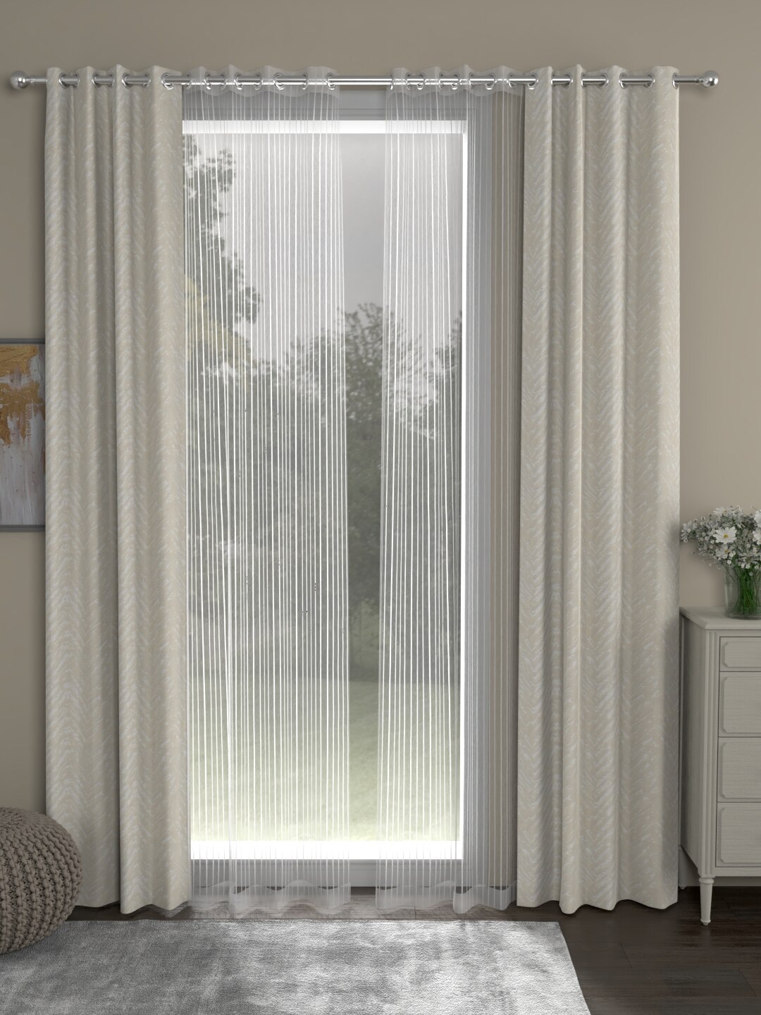 

ROSARA HOME Cream-Coloured & Transparent Set of 4 Striped Long Door Curtain