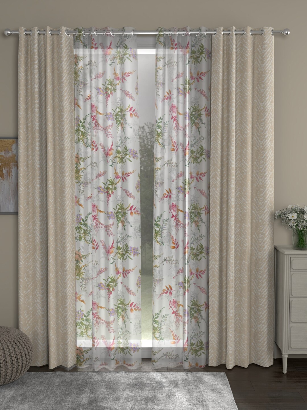 

ROSARA HOME Beige & White Set of 4 Floral Door Curtain