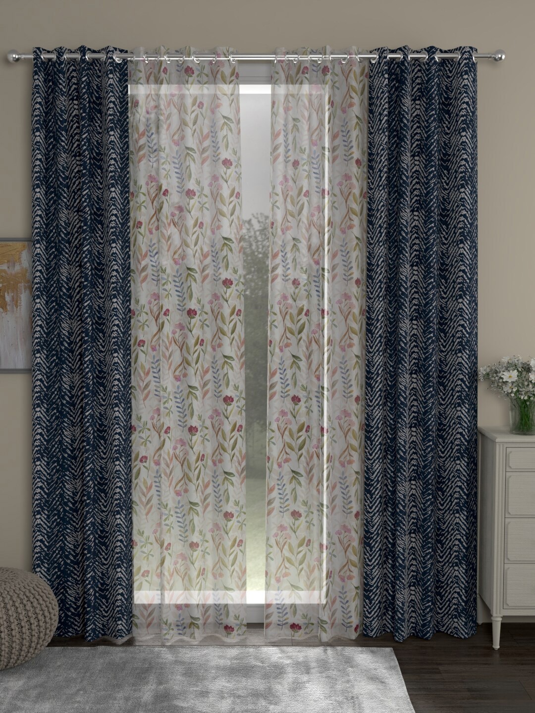 ROSARA HOME Navy Blue & White Set of 4 Floral Door Curtain